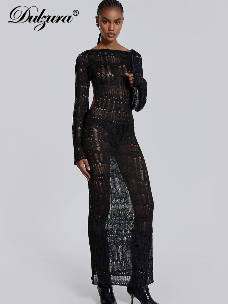 Dulzura Knitted Crochet Women Dresses Cut Out Backless Long Sleeve Hollow Maxi Dress Sexy Party Club Nightout Events Y2K Clothes 250226