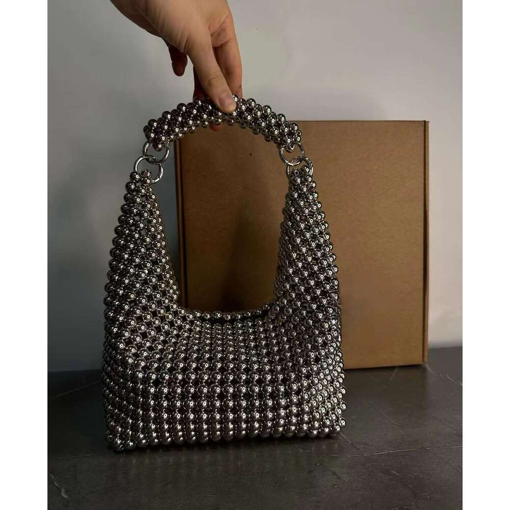 Women's Bags A niche design French heavy industry silver minimalist high-end handbag with beaded woven dinner bag