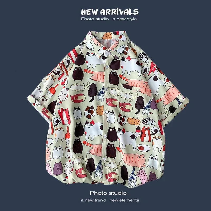 Mens Street Fashion SpringSummer Daily Shirt Hawaii Cartoon Printed Casual Loose Short Sleeve Beach Top 250226