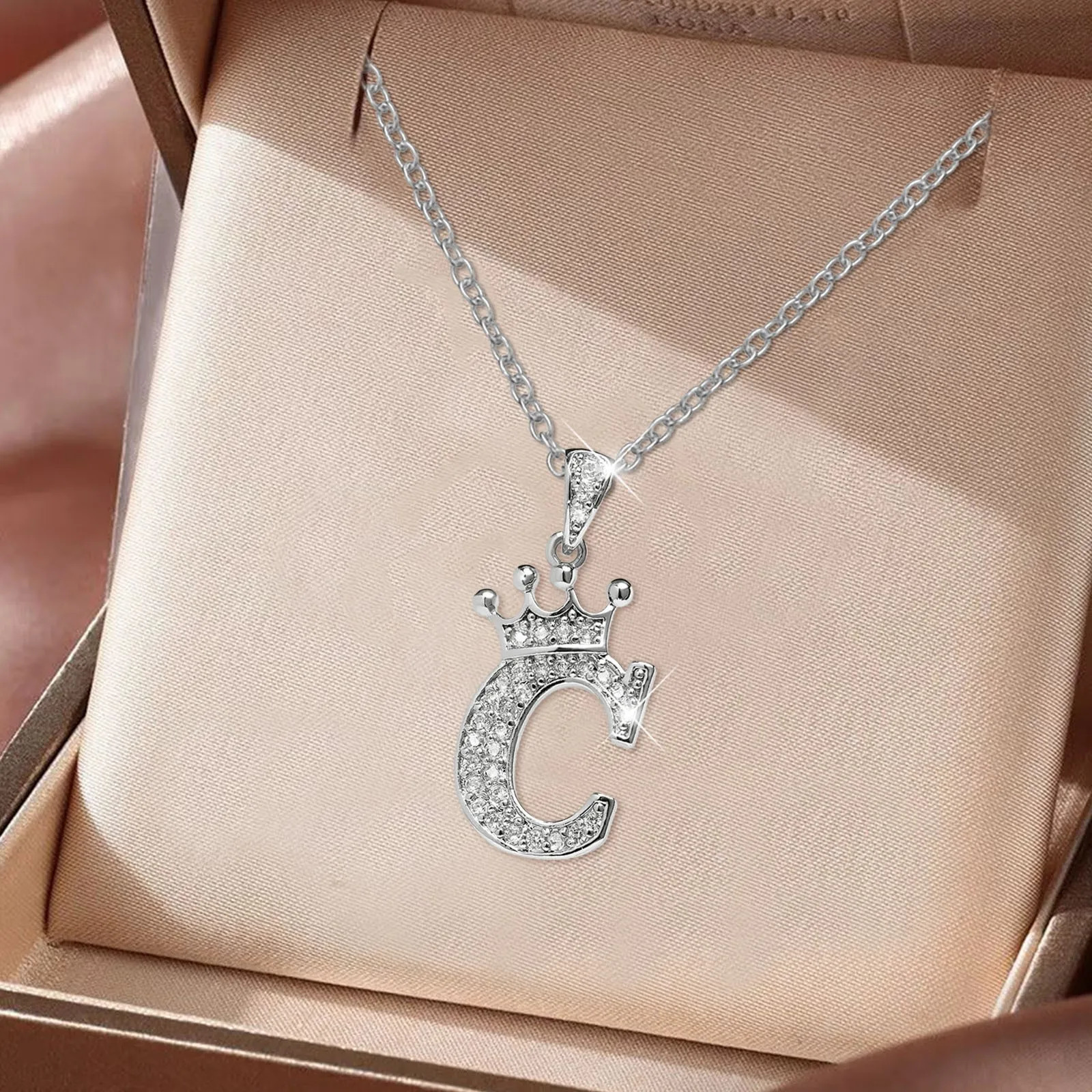 Stainless Steel Cubic Zirconia Name Crown Letter Pendant Necklace For Women Hip Hop Punk Girl Alphabet Fashion Jewelry 250227