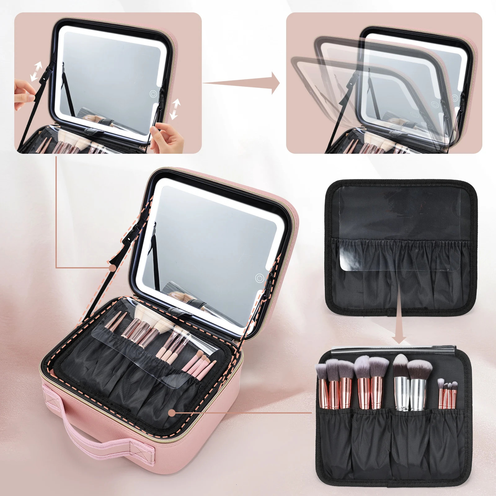Ship from US Makeup Bag With Led Mirror 3 Modes Lights Vanity Travel Case Lighted 250227FBB