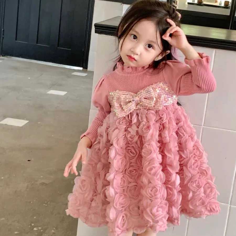 Girl's Dresses Girls Knit Cotton Sweater Dress Flowers Lace A-line Kids Wear Vestido Fashion Clothing Dust Pink Causal Fall Spring Outwear Y25022