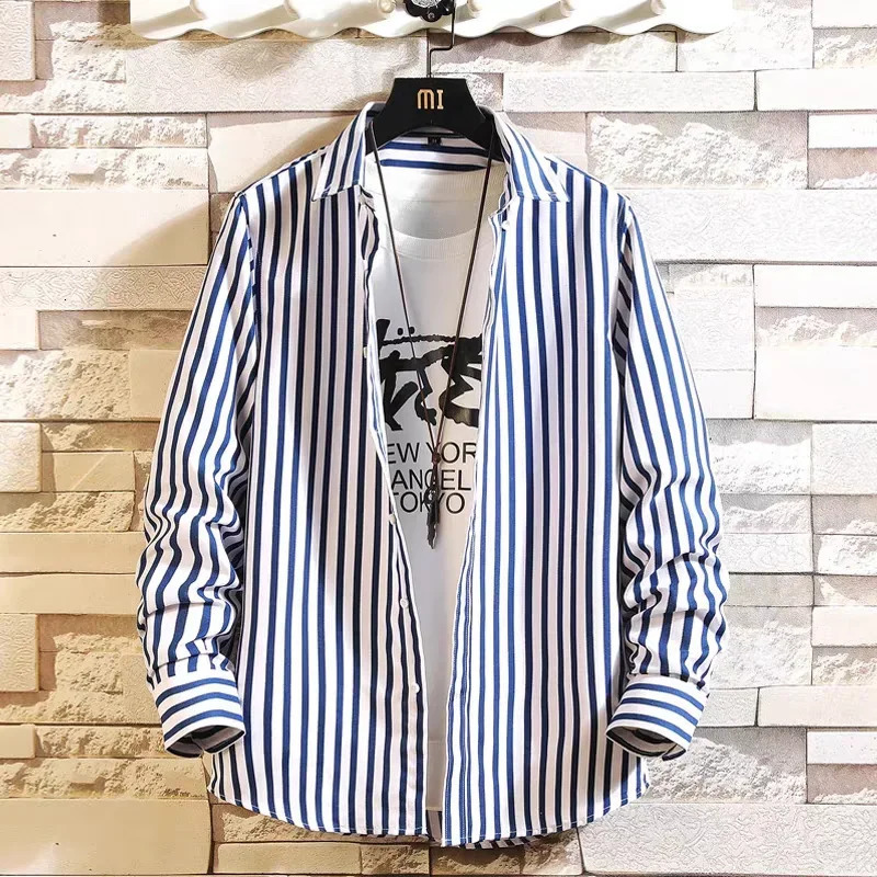 Fashion Long Sleeves Shirts Man Mens Clothing Check Shirt Korean Reviews Clothes Stripe Pattern High Quality 250224