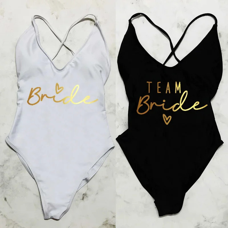 Sexy Padded One Piece Swimsuit Gold Printing TEAM Bride Swimwear Women Beachwear Bachelor Party Plus Size Bathing Suit Swimsuits 250227