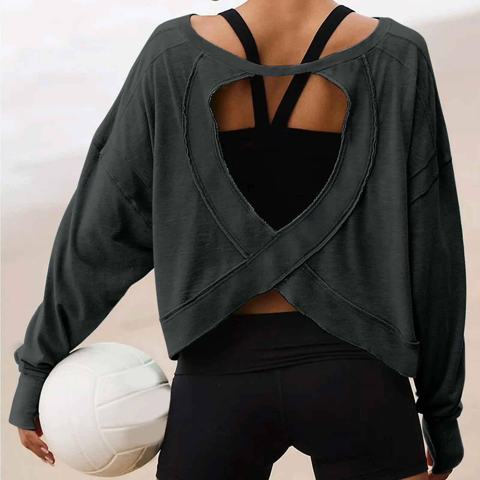 Womens loose long sleeved Tshirt womens shirt age reduction hollow round neck sports 250226