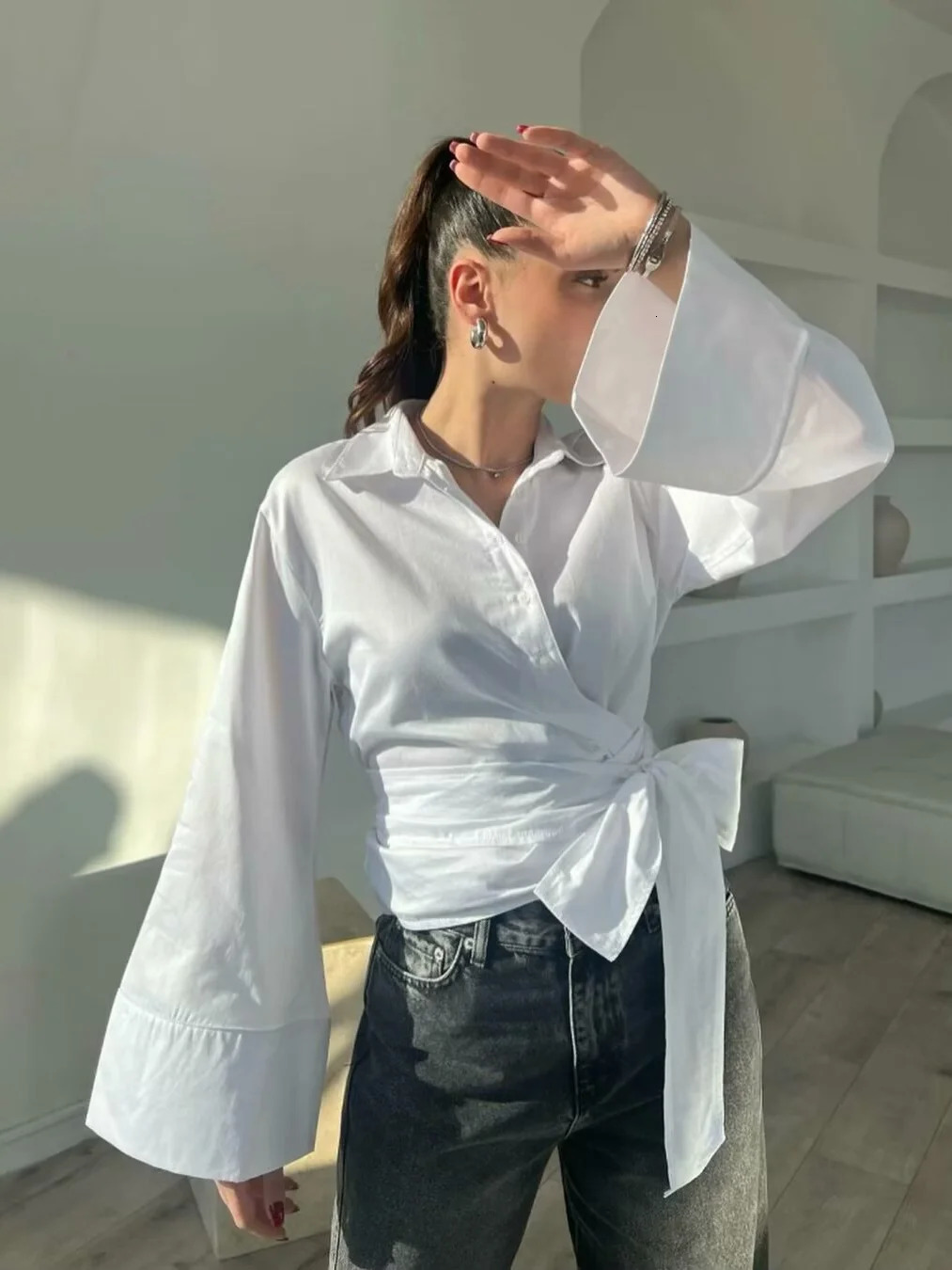 Long Sleeve Kimono Blouses With Bow Tie Black Casual Polo Neck Blouse Woman Front Button Up Double Breasted Poplin Shirts White 250226