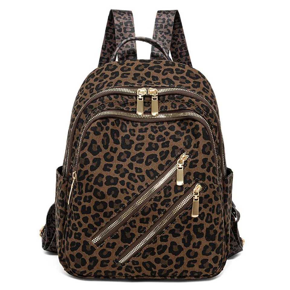 Diaper Bags Women New Leopard Print Zipper Design Lady Canvas Shoulders Backpack Bag Woman Satchel Totes Handle Travel Commute Packsack Bag Y250227ZYU
