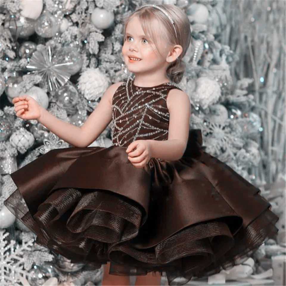 Girl's Dresses Brown Cute Flower Girl Dress Satin Tulle Fluffy Glitter Bow Sleeveless Wedding Birthday Gift Party Princess Dress Y25022755Q3