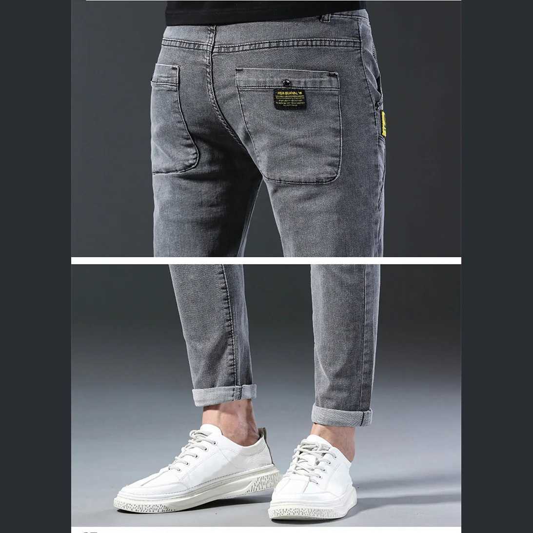 Fashion Men Stretch Straight Slim Grey Denim Jeans Male Streetwear Chic Elastic Pants Long Thin High Street Small Feet Trousers X250227