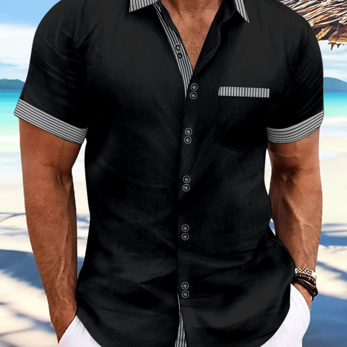 2025 Cross-border Summer Fashion Mens Striped Double-button Short-sleeved Business Slim Casual Shirt Short-sleeved Shirt 250224
