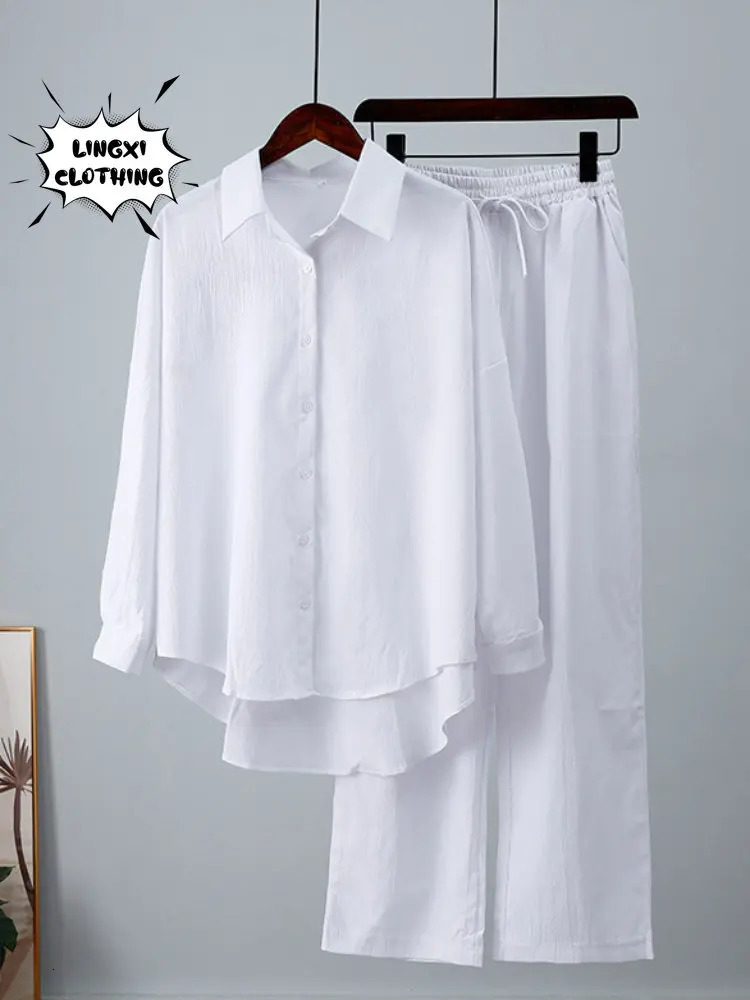 Summer Outfits for Women Fashion Loose Elastic Wrinkle Long Sleeve Shirt Wide Leg Pants Casual Set 2 Piece 250226