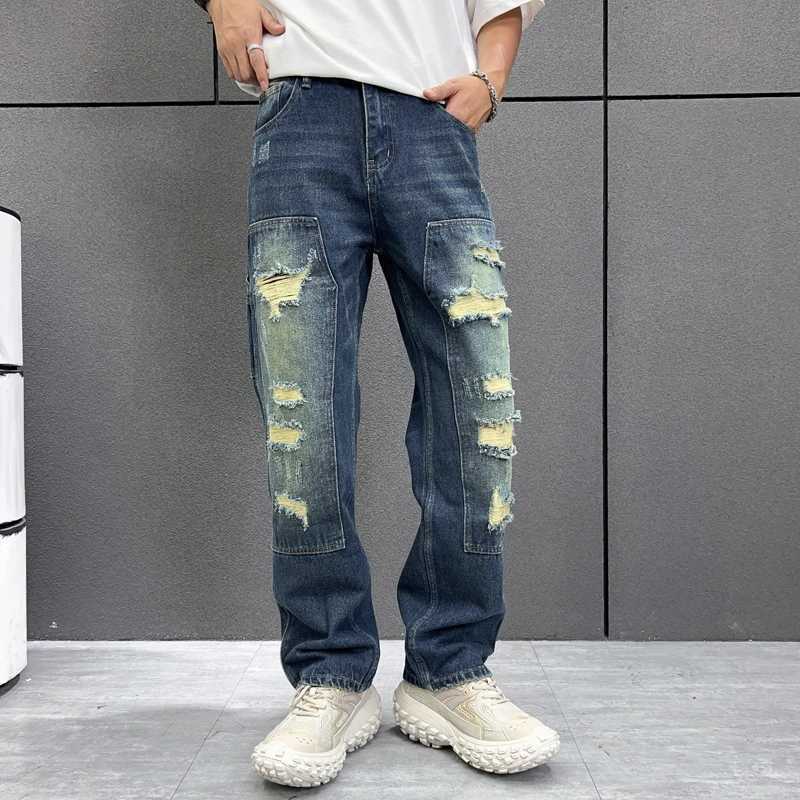 Washed distressed fashionable and trendy jeans American style trendy mens high street loose fitting straight leg mens jeans X250227