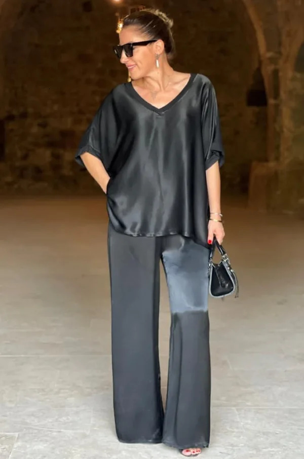 Women 2-piece Set Satin Loose Fitting Suit Short Sleeved T-shirt 2 Pairs Of Pants Summer Conjuntos Para Mujeres 2 Piezas 250320