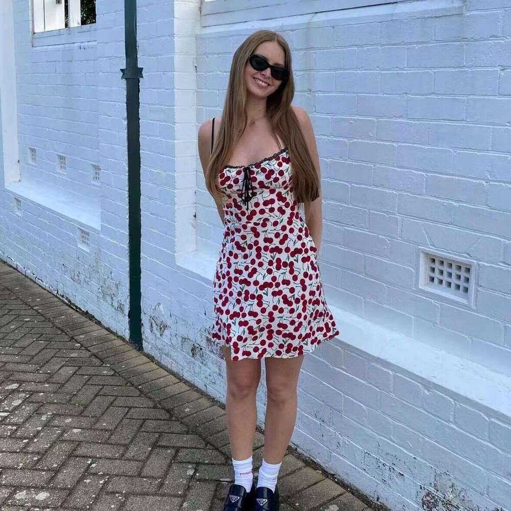 American Style Romantic Cherry Silk Printed Lace Up Suspender Dress Womens Floral Dress Long Summer Dress Novelty Short Pregnant Womens Dress