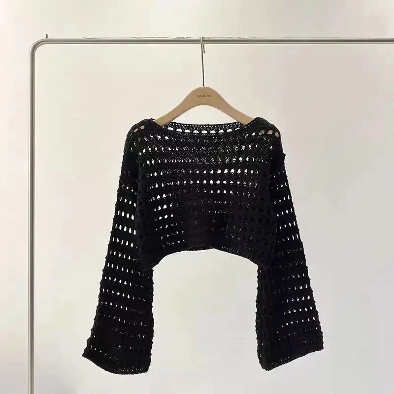 Fishnet Crochet Top Long Sleeve Crop Pullover Women Summer Cover Up Openknit Blouse Y2K Grunge Outfit 250225