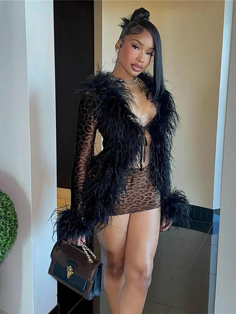 Women Sexy Leopard Print Tops Mini Skirts Sets Furry Edging Crop Top Suits Hip Wrap Skirt 2025 Spring Midnight Club Outfits 250226