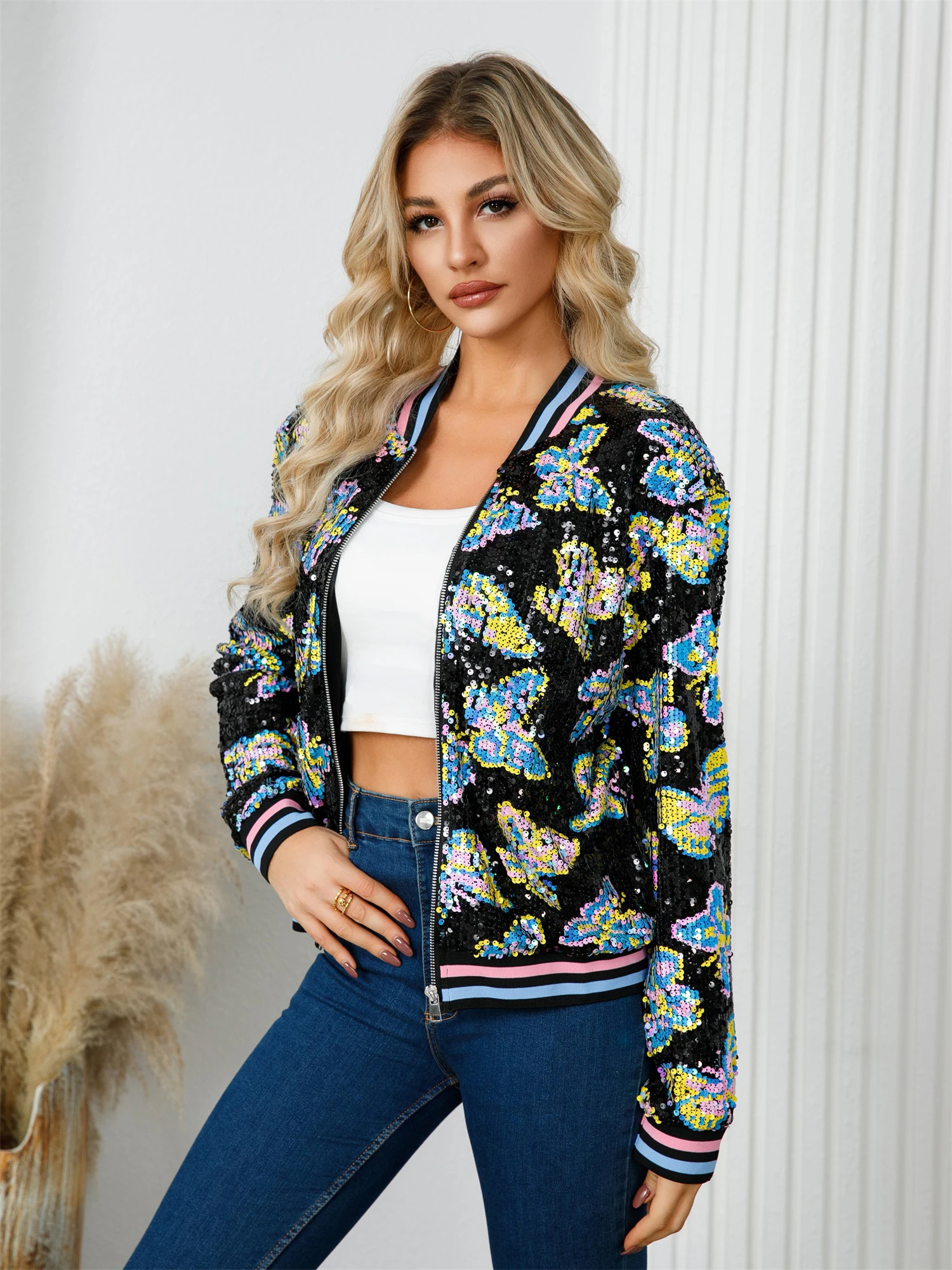 Butterfly Pattern Beaded Jacket Stylish Long Sleeve Zipper For Spring Fall Womens Clothing 250227