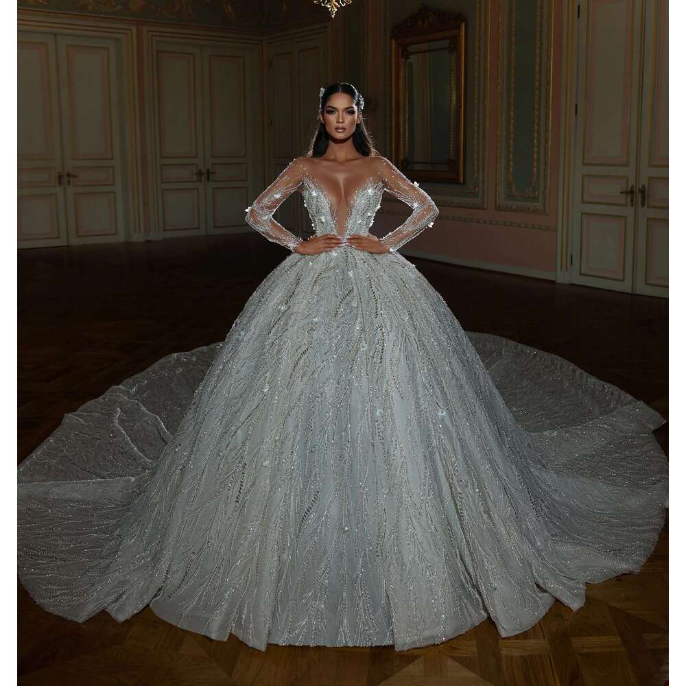 Sparkly Ball Gown with Sequins Beads, Backless Court Zipper Dress, V-neck and Sleeves, Custom Wedding Dresses