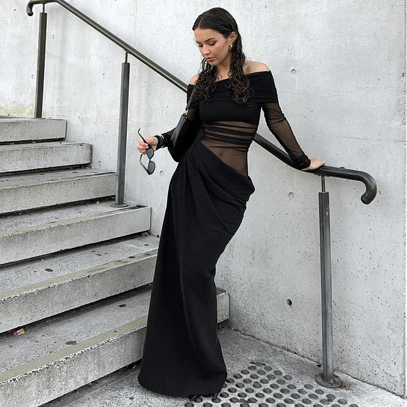 CUTENOVA Summer Solid Color Long Sleeve Off Shoulder Dresses Sexy Wrap Hip Mesh See Through Ruched Patchwork Long Dress 250226