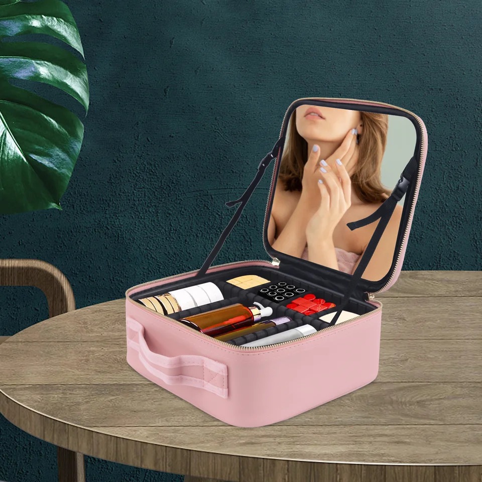 Ship from US Silent Valley Cosmetic Box With Mirror Travel Case Portable Makeup Bag Adjustable Dividers Toiletry Jewelry Gift 250227FBB