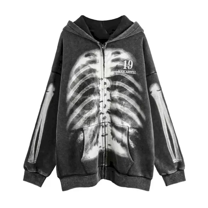 Super Dalian Hoodie Womens Washed Old Skeleton Printed Mens Retro Zipper Open Collar Y2k Clothing 250226