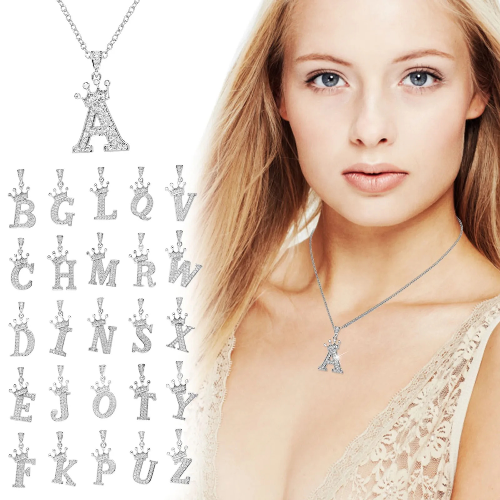 Stainless Steel Cubic Zirconia Name Crown Letter Pendant Necklace For Women Hip Hop Punk Girl Alphabet Fashion Jewelry 250227