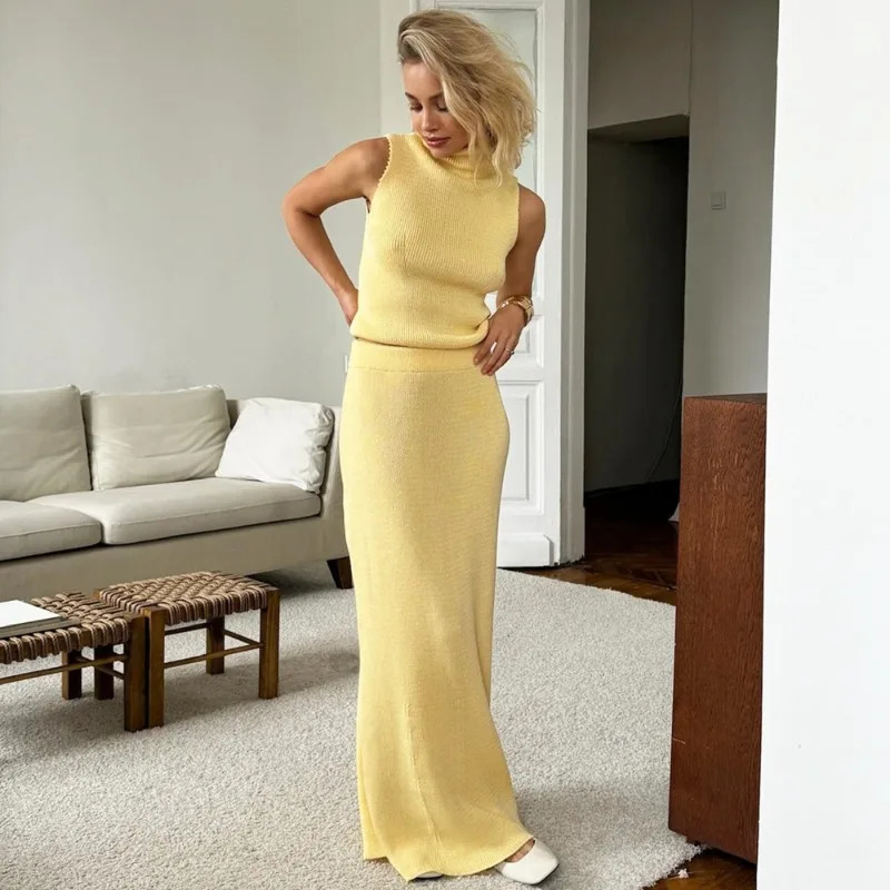 Tuularose Elegant Long Skirt Two-piece Set Womens Sleeveless Knitted Turtleneck Vest Slim Skirt Set 2025 Fashion Skirt Set 250226