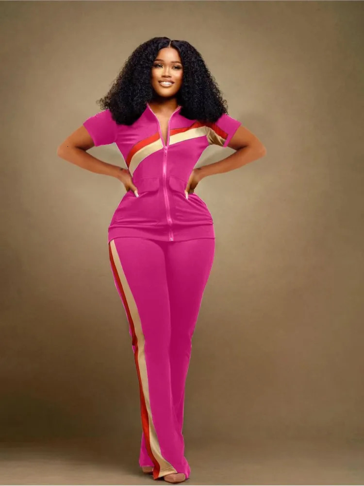 Womens Sports Leisure Set Spring Summer V-neck Zipper Short Sleeve Top Stripe Print Pant Fashion Pocket Womens Two Piece Set 250226