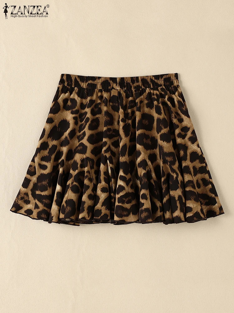 Plus Size VONDA Women Mini Skirt Fashion Summer Paity Sexy Leopard Printing Overskirts Elastic Waist A-line Short Bottoms 250224