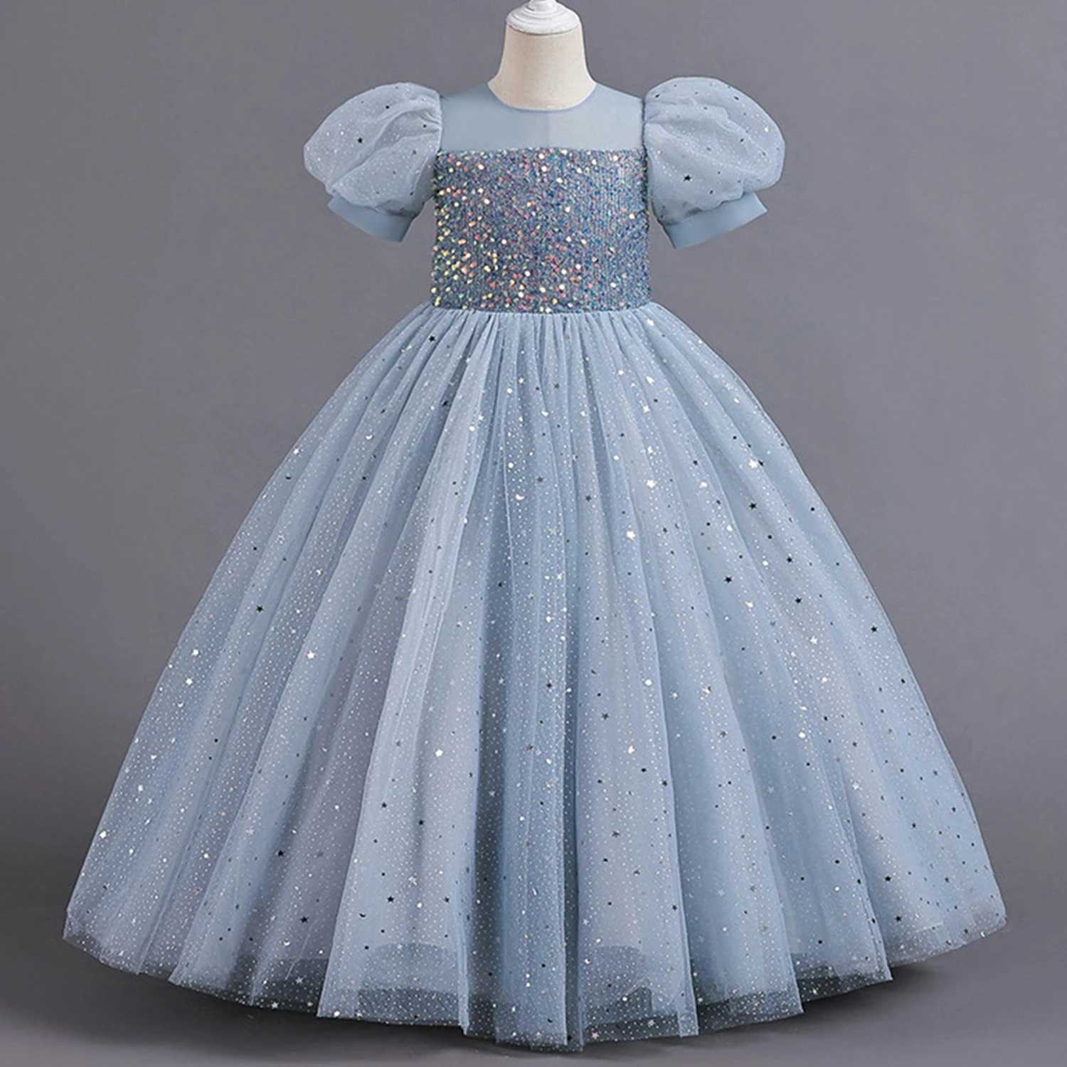 Girl's Dresses Shining toddlers big girls sequins puffs sleeves floral girls birthday party dresses formal evening dresses Y2502276TJP