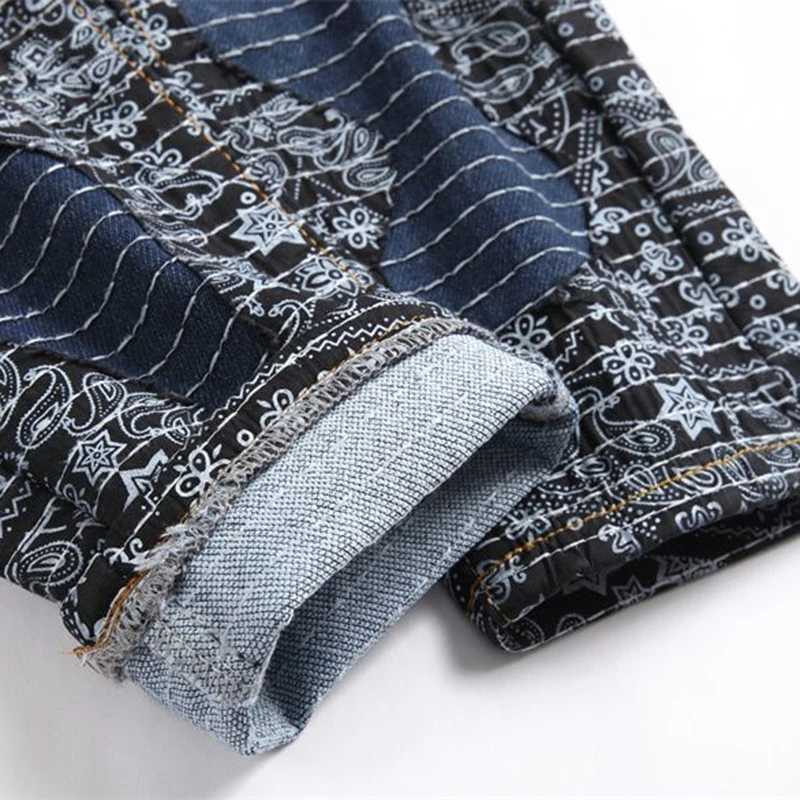 High Street Fashion Denim Jeans Printed Party Blue Splicing Color Blocked Non Stretch Straight Leg Male Trousers X250227