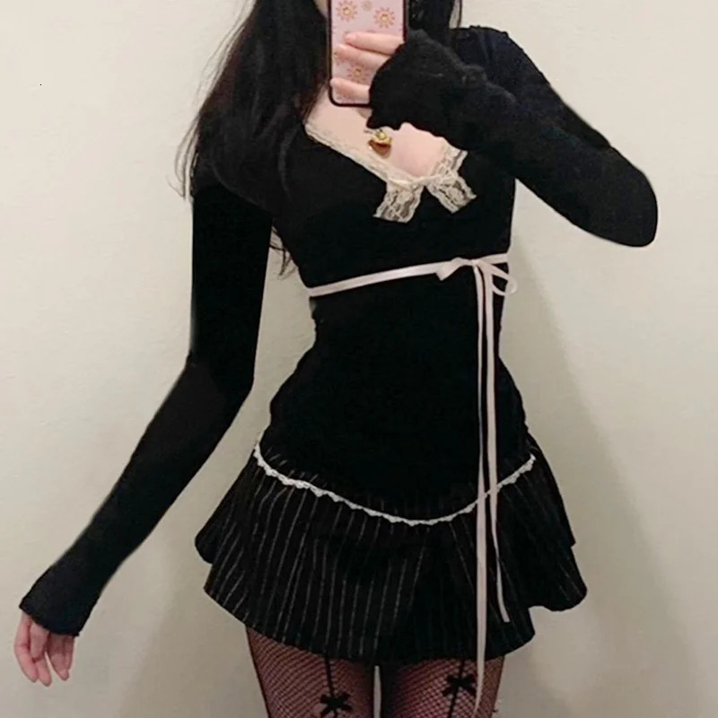 Ladies Fairy Grunge Top y2k Women Clothes Lace Trim V Neck Long Sleeve T Shirt with Bow Coquette Clothing 2000s Streetwear 250226