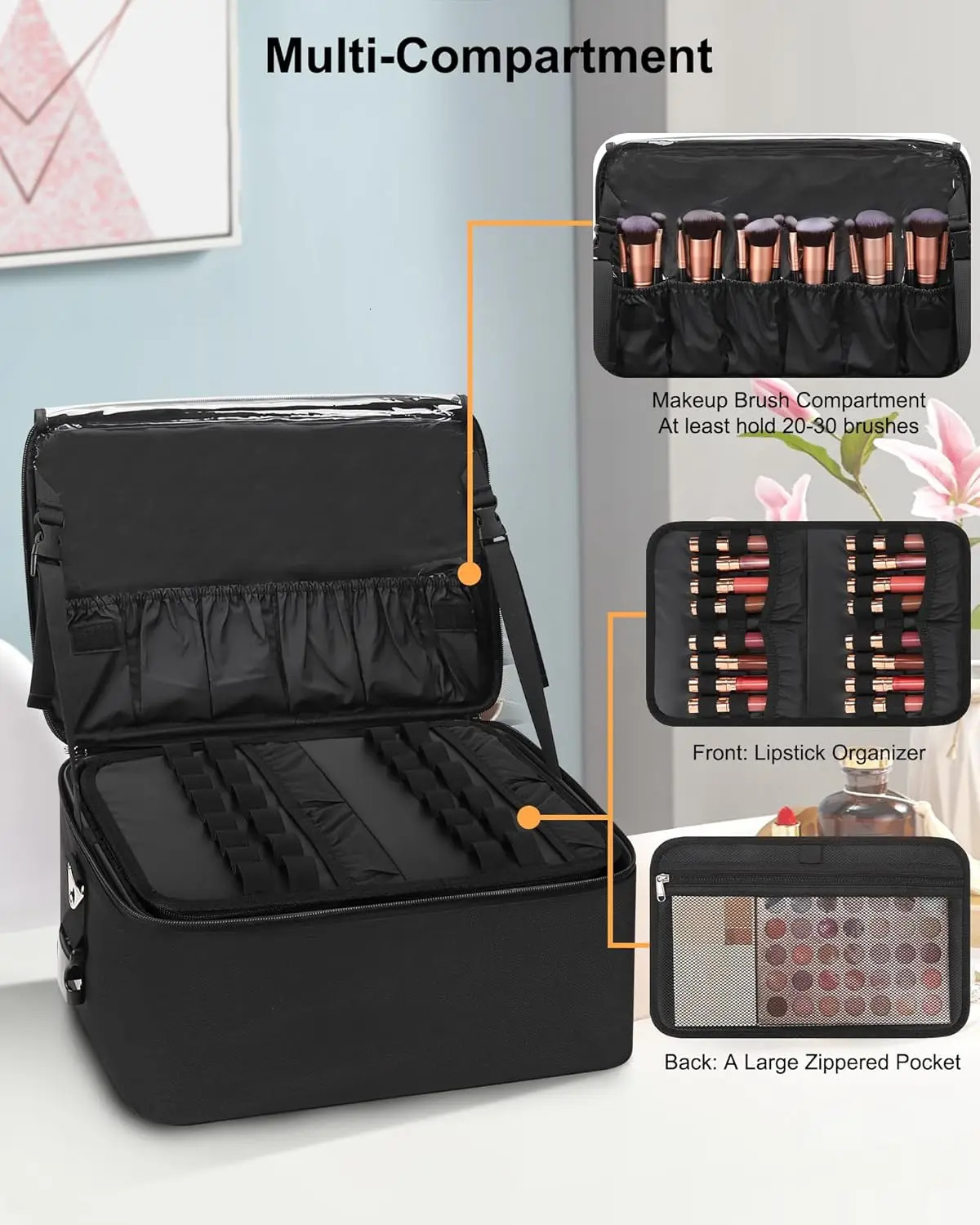 Ship from US Makeup bag large makeup box professional storage organizer brush holder with 3 sets of transparent bags and lipstick plate 250227FBB