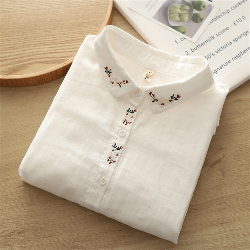 Autumn Women Double-layer Cotton Yarn Shirts Full Sleeve Embroidery Flower Loose Casual Soft Blouse Office Ladies Tops 250226