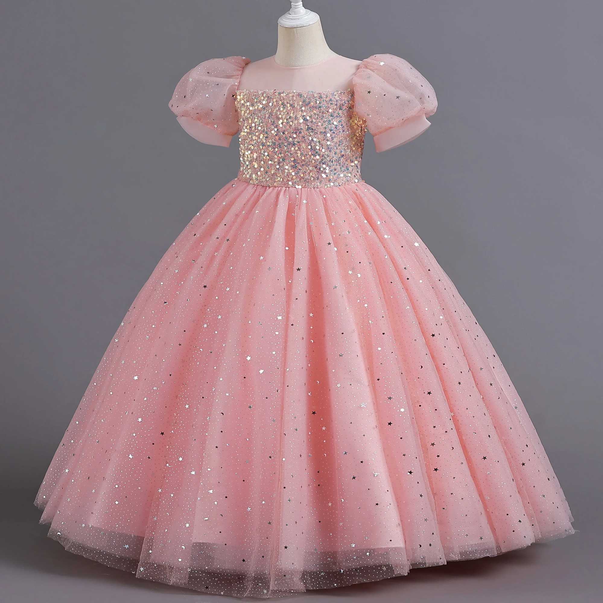 Girl's Dresses Childrens dress girl sequin princess bubble sleeves long mesh flower little girl summer wedding Y2502275H0D