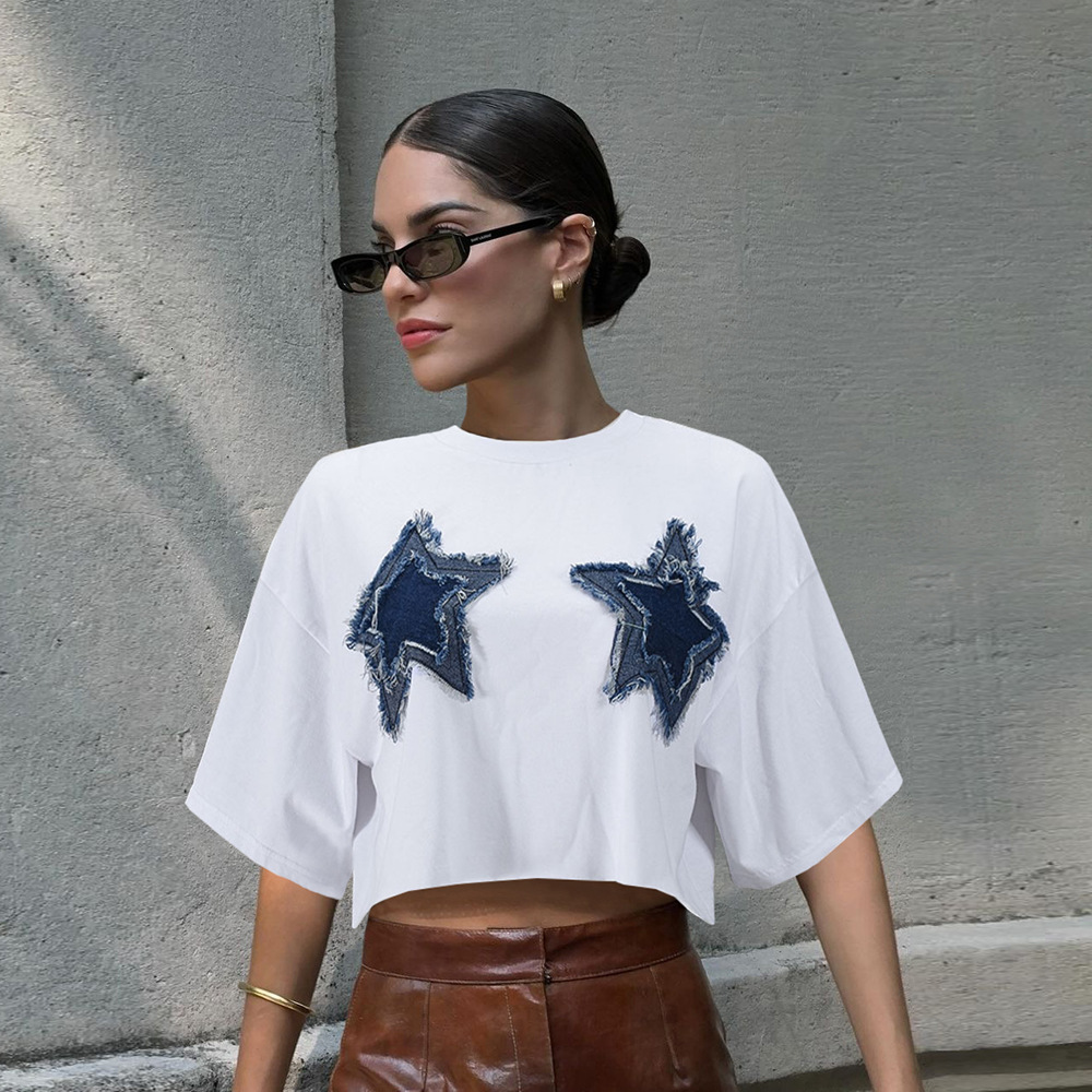 Designer's New Women's Sexy Loose Crop Exposed Star Denim Patch Round Neck Short Sleeved T-shirt Top