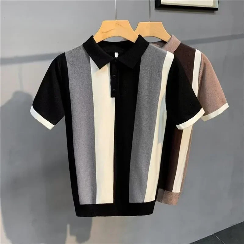 High end mens ice silk polo shirt striped short sleeved casual T-shirt summer top easy to wear casual style 250225
