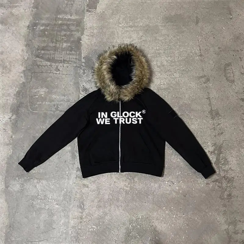 Y2k Haruku Letter Print Faux Fur Collar Zip Up Hoodie Streetwear Punk Hip Hop Graphic Vintage Gothic Hoodies Clothes EMO Girl 250226
