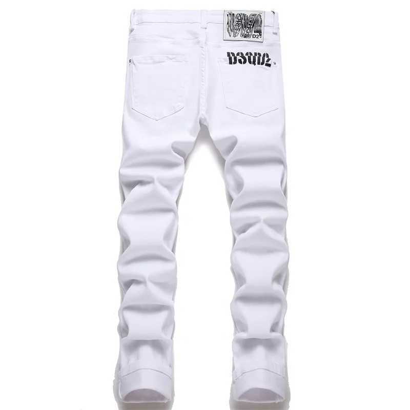 Pure white jeans mens fine pore cotton elastic four season casual cotton mens basic washing process X250227