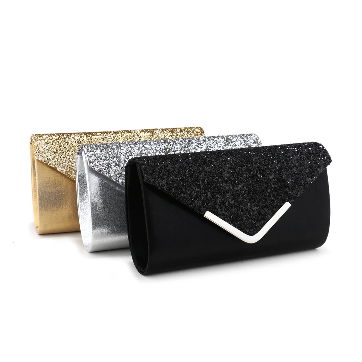 Silver Clutch Bags V n Metal Chain Glitter Sequined Evening With Envelope Party Wedding Casual Lady Handbags Banquet 250226