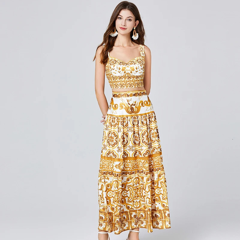 JAMERARY Summer Holiday Floral Two Piece Women Skirt Sets Sexy Corset Crop Tops And Long Maxi Skirts Suits 2pcs Print Outfits 250224