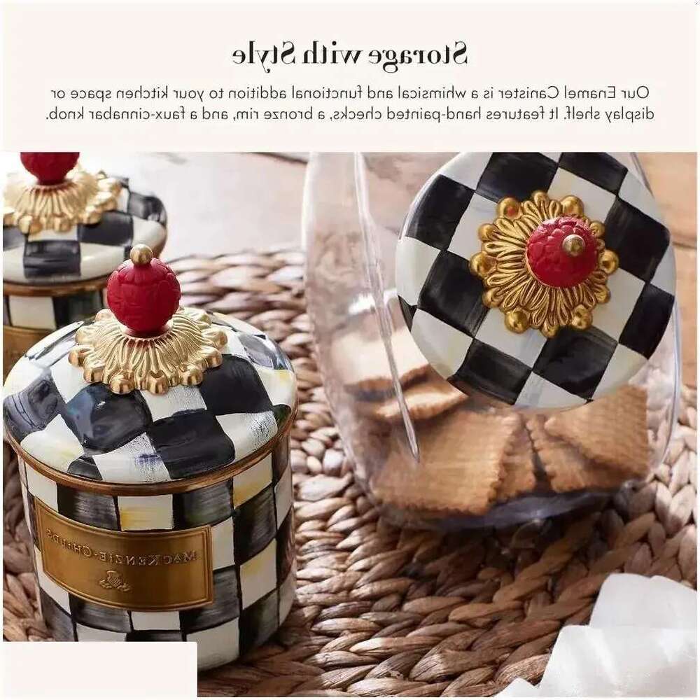 Storage Bottles Jars Courtly Check Enamel Canister Black-And-White Kitchen Container With Lid Mini 240820 Drop Delivery Home Garden Ho Otskb 23 ds