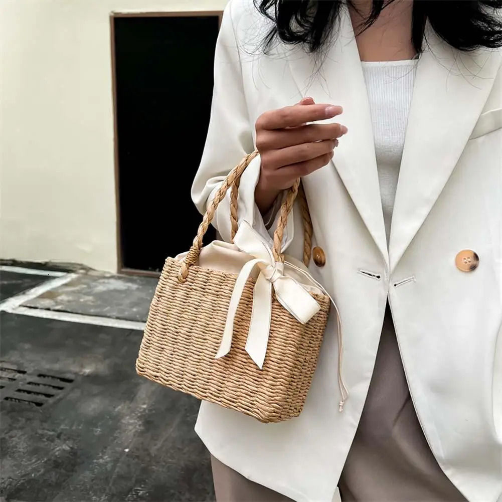 Ship from US Summer Beach Handmade Woven Portable Bag Ladies Straw Square Basket Vintage Tote 250227FBB