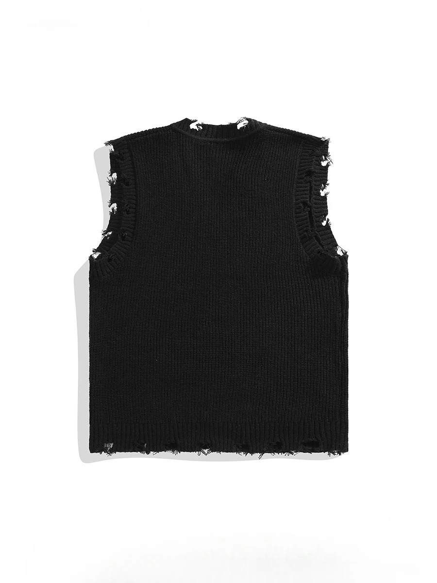 Men and Women College Style Ripped Hole Raw Edge Knitted Vests Trendy Solid Color Casual Versatile Loose Sweater Waistcoat 250225