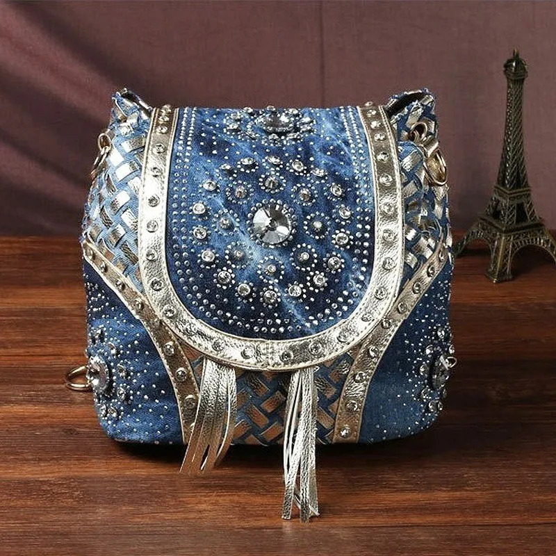 Ship from US Multifuctional Denim Women Backpack Handbag Jeans Bags with Diamonds Shoulder Bag Mini Cute Tote 250227FBB
