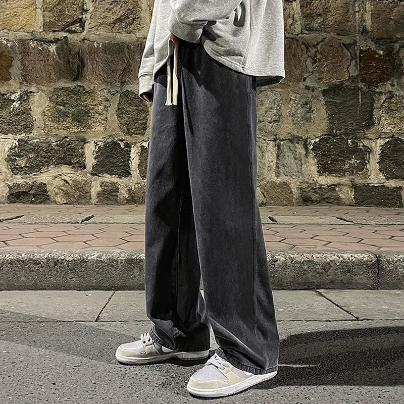 School boys solid color drawstring jeans loose straight retro street hip-hop Y2K casual daily drawstring wide leg pants 250226