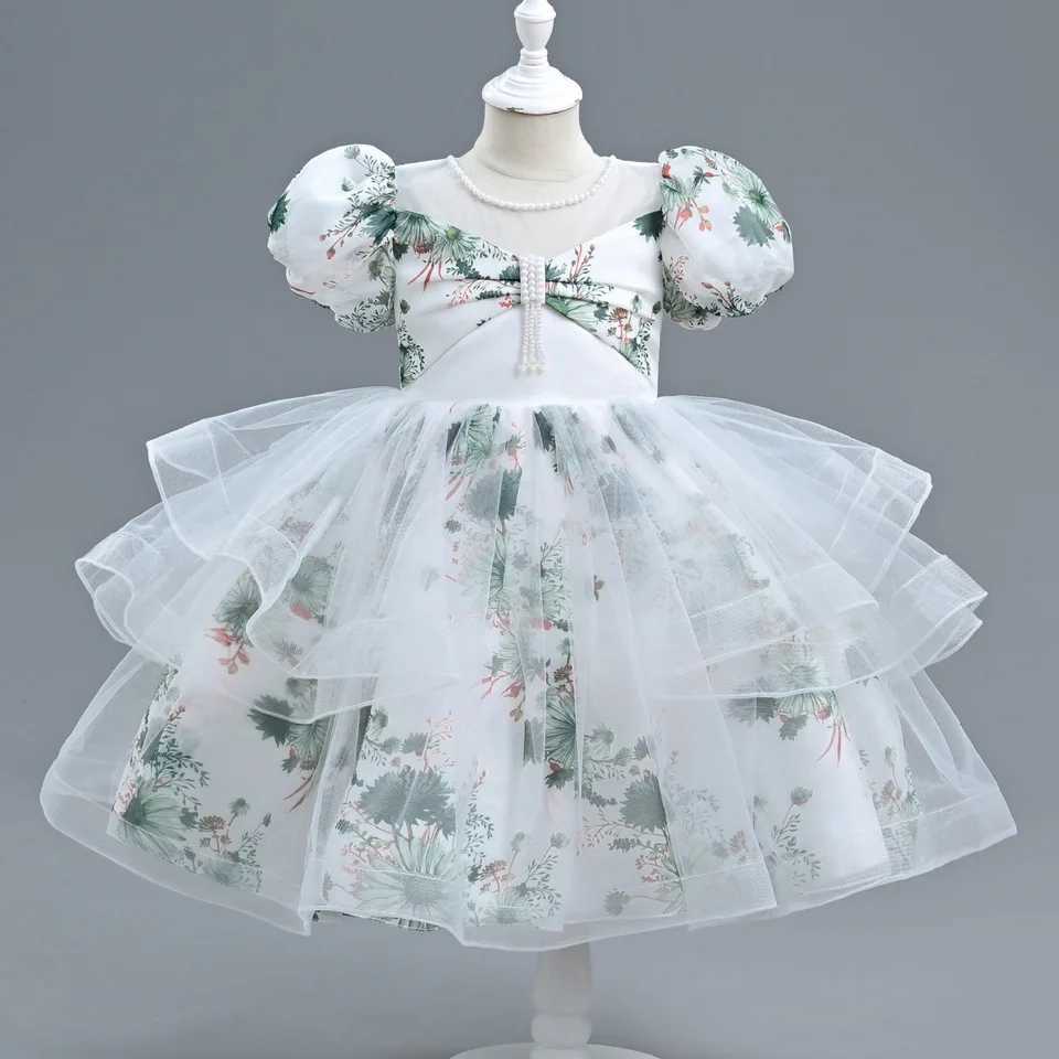 Girl's Dresses Girls New Flower Print Pearl Bubble Sleeve Mesh Fluffy Skirt Birthday Party Wedding Flower Girl Sweet and Cute Evening Dress Y2502