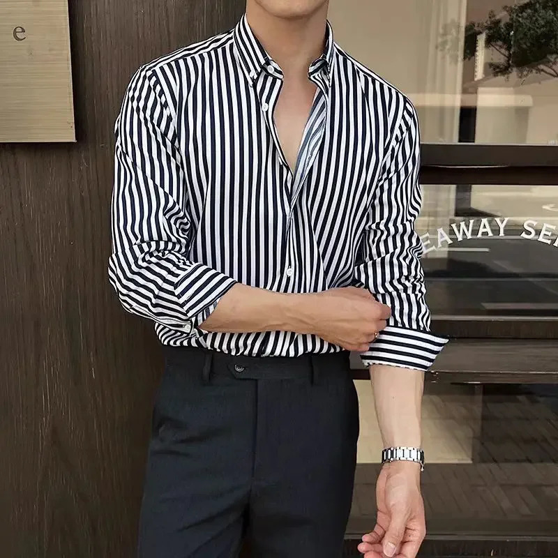 Elegant Mens Shirts Stripe Pattern Check Shirt High Quality Button Up Shirts a Fashion Long Sleeve Shirt Man Mens Clothing 250224