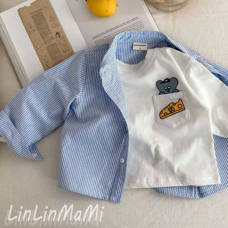 T-shirts Blue Childrens Shirt 2025 Autumn New Product Shirt Mens and Womens Clothing Long Sleeve Boys Shirt Korean Edition Boys ShirtY250227ORYP
