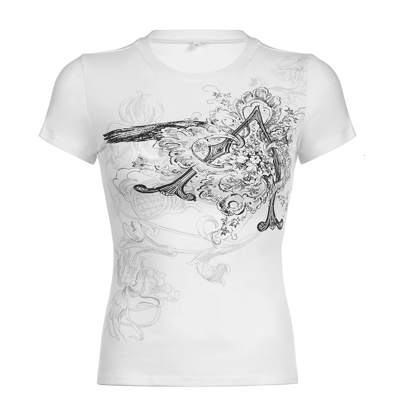 CIBBAR Retro Graphic Crop Top White Short Sleeve O Neck Casual T Shirt for Women y2k Aesthetic Vintage Basic Tees Ladies Clothes 250227